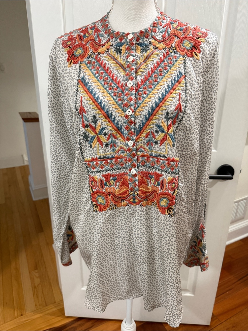 Johnny Was Multicolor Embroidered Blouse — Coral, Teal & Gold Accents